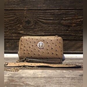 Tan clutch/wristlet with check book and card holder and 2 zipper sides